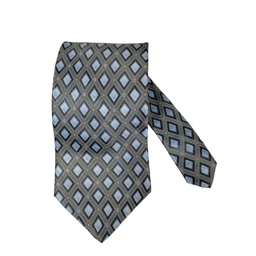 Geoffrey Beene Mens Gray and Blue Diamond Pattern Silk Necktie - Picture 2 of 7
